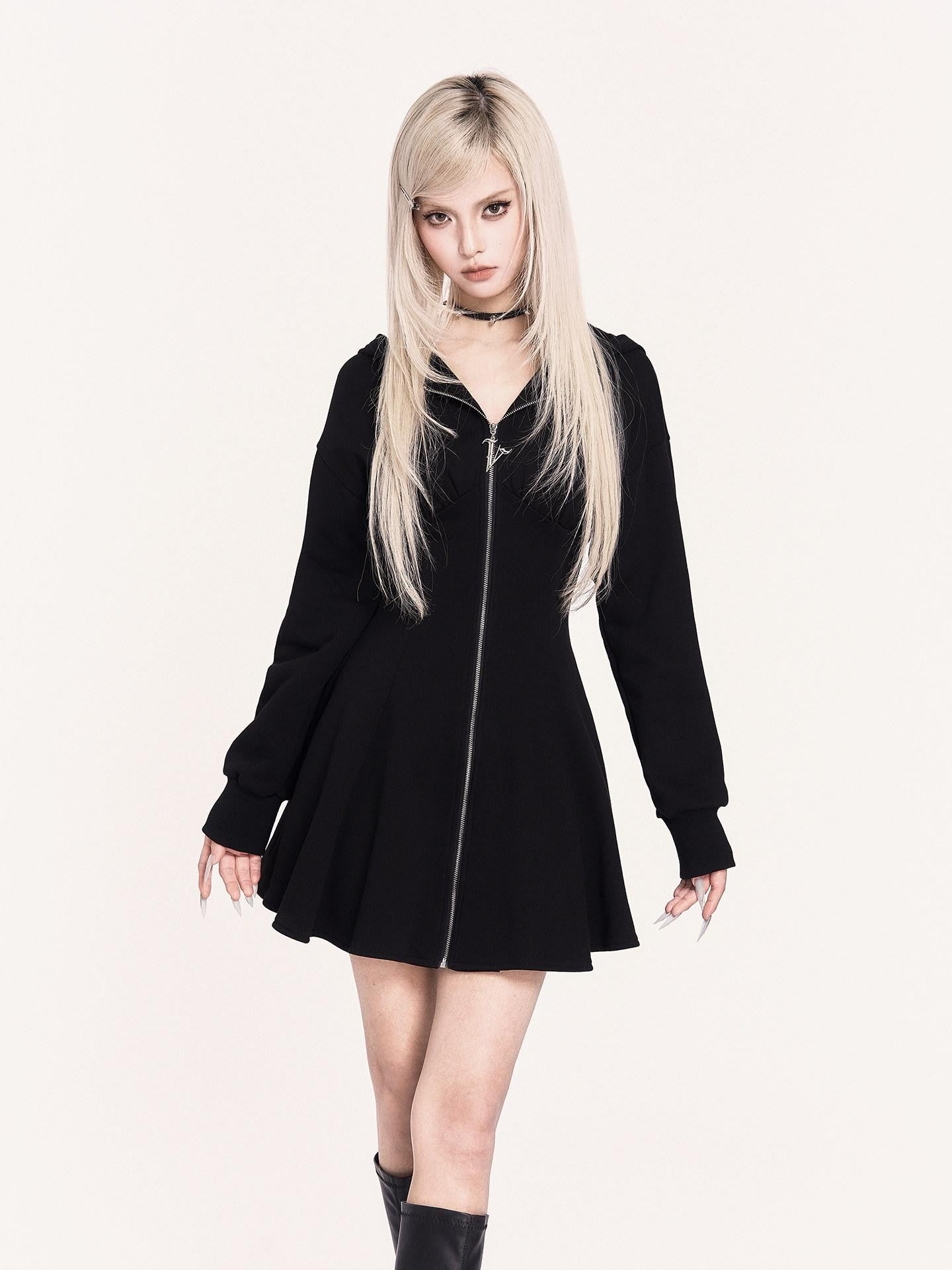 VOCK Embroidered 3d Devil Wings Hooded Fleece Women's Cotton Blend Casual Mini Dresses