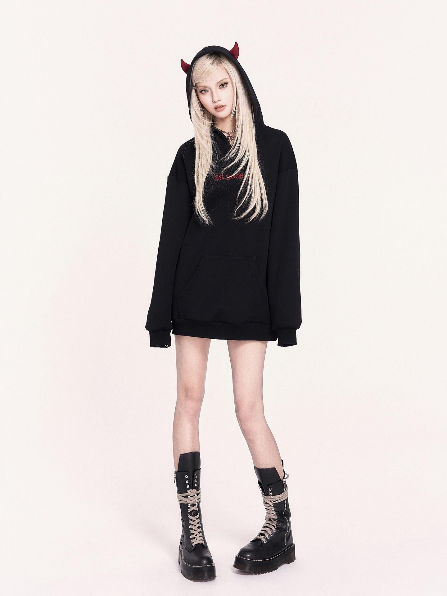 VOCK Embroidered 3d Devil Wings Hooded Fleece Women's Cotton Blend Casual Mini Dresses