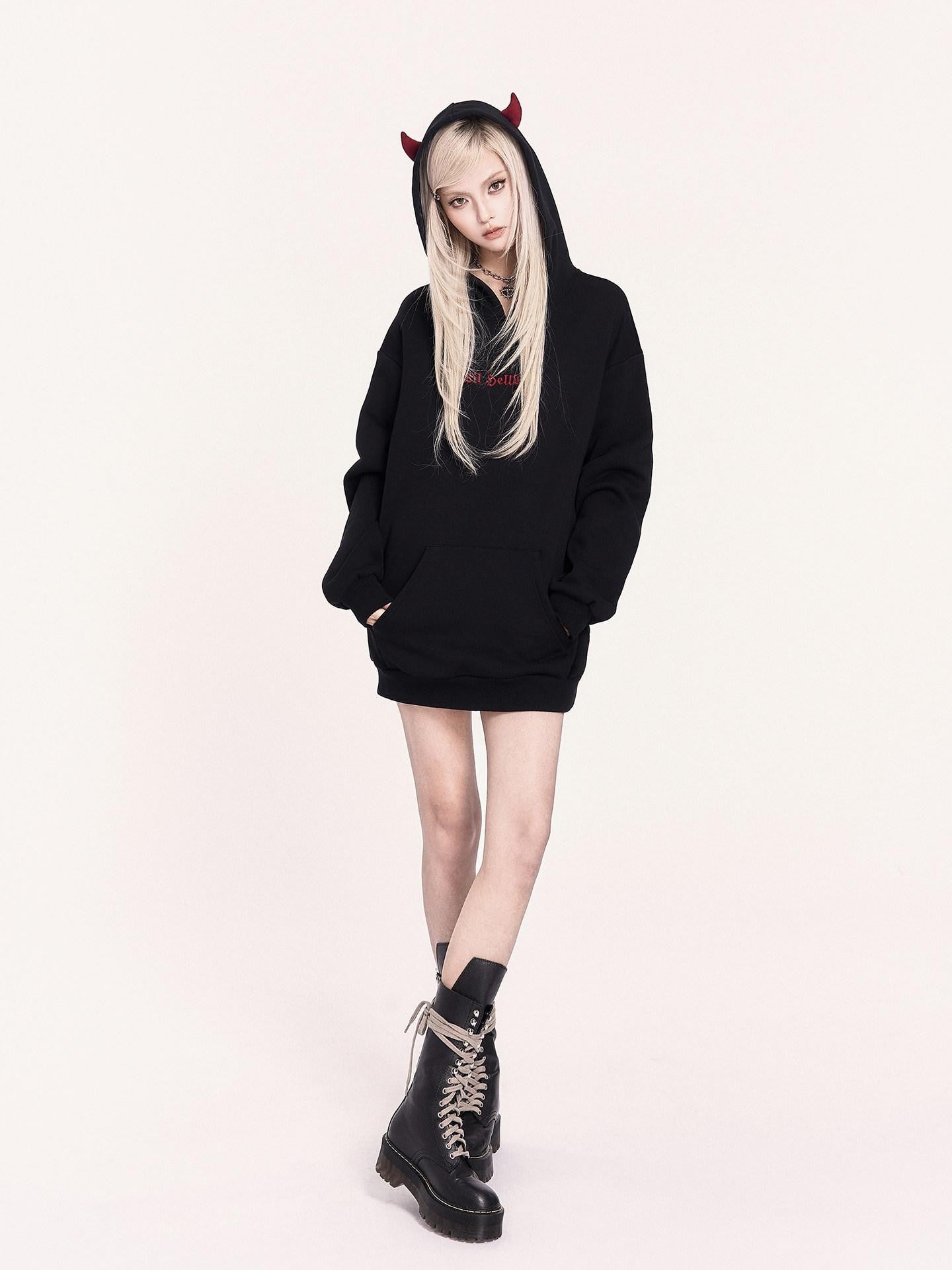 VOCK Embroidered 3d Devil Wings Hooded Fleece Women's Cotton Blend Casual Mini Dresses