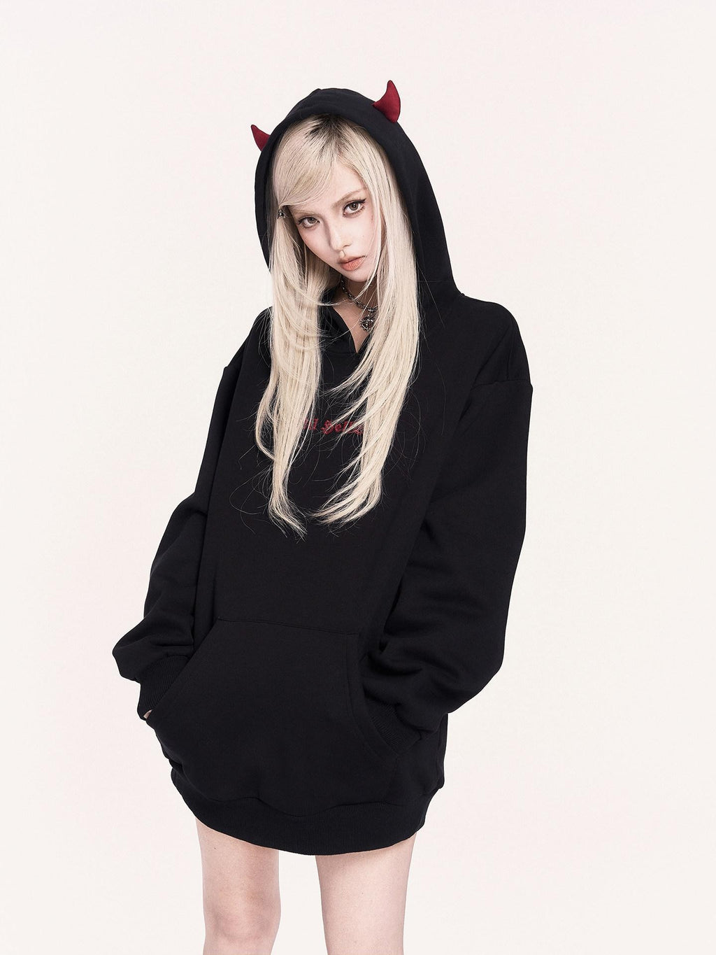 VOCK Embroidered 3d Devil Wings Hooded Fleece Women's Cotton Blend Casual Mini Dresses