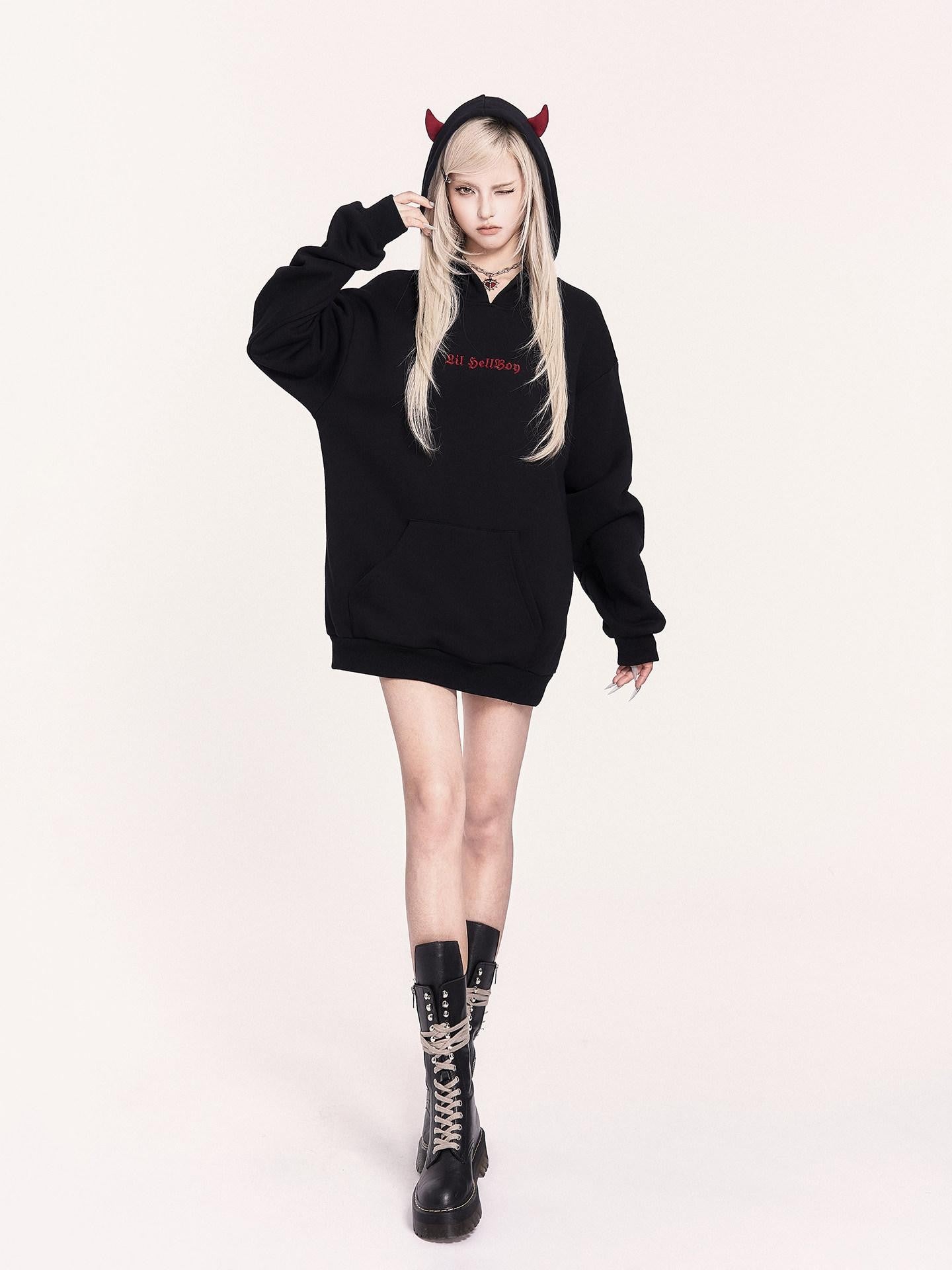 VOCK Embroidered 3d Devil Wings Hooded Fleece Women's Cotton Blend Casual Mini Dresses