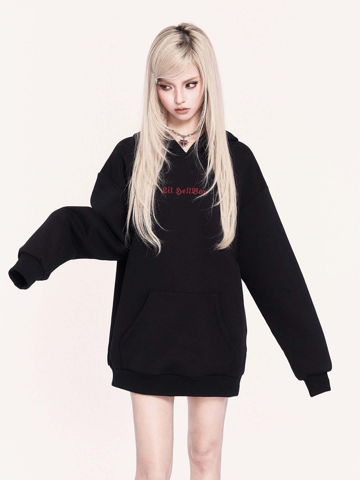 VOCK Embroidered 3d Devil Wings Hooded Fleece Women's Cotton Blend Casual Mini Dresses