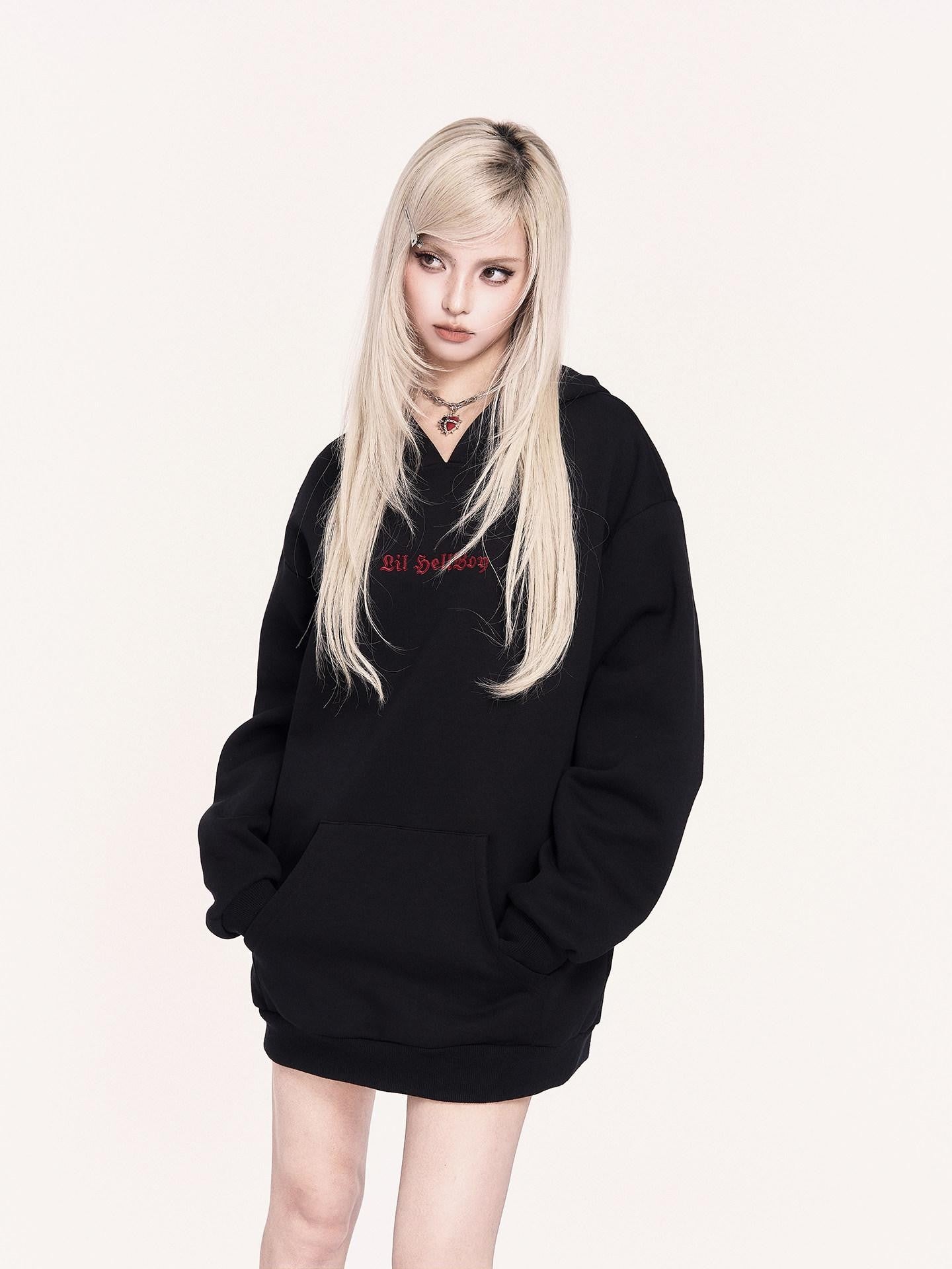 VOCK Embroidered 3d Devil Wings Hooded Fleece Women's Cotton Blend Casual Mini Dresses