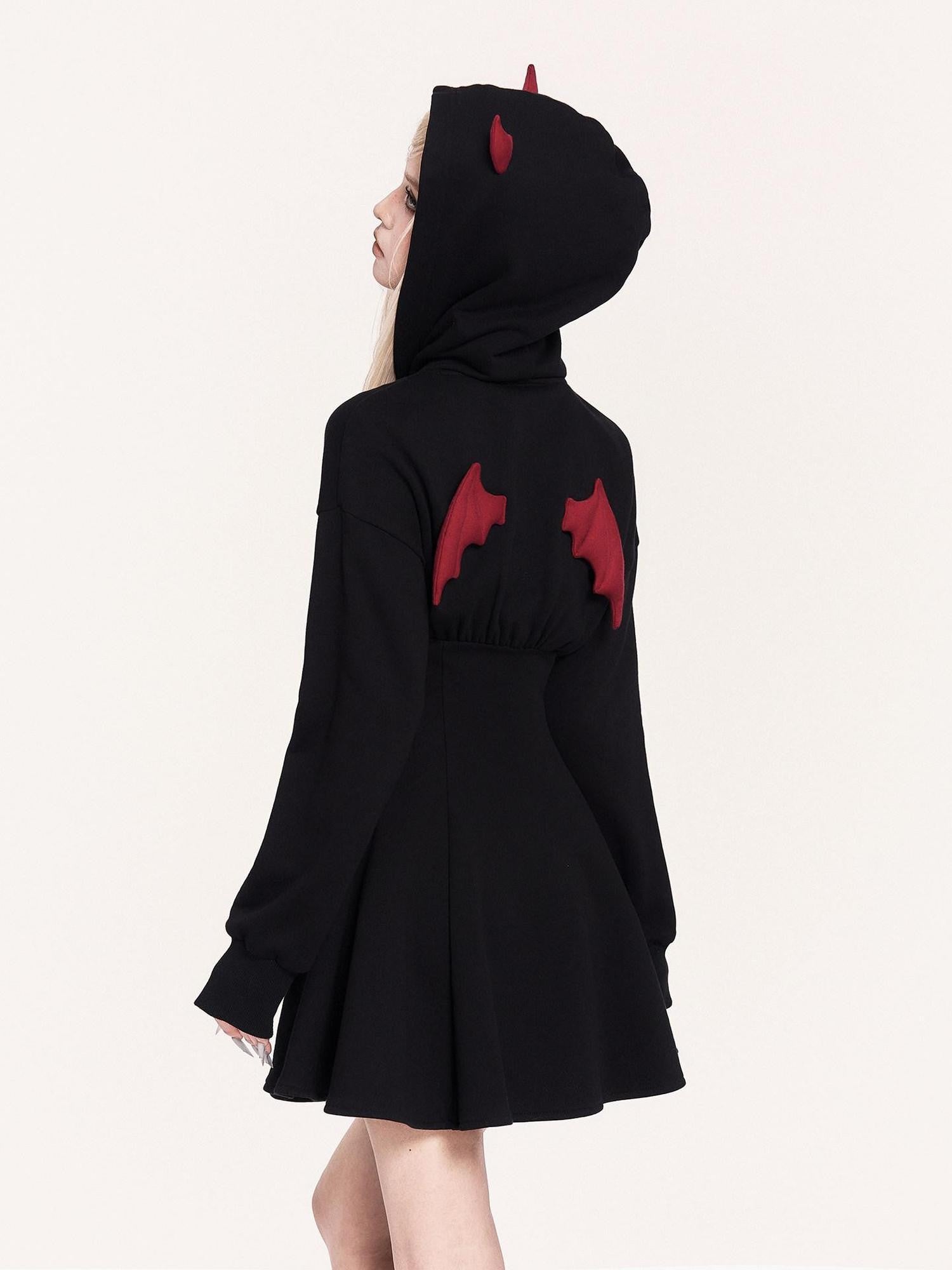VOCK Embroidered 3d Devil Wings Hooded Fleece Women's Cotton Blend Casual Mini Dresses