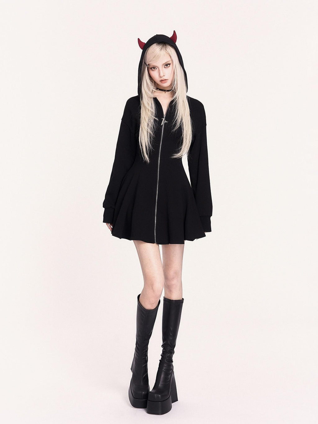 VOCK Embroidered 3d Devil Wings Hooded Fleece Women's Cotton Blend Casual Mini Dresses