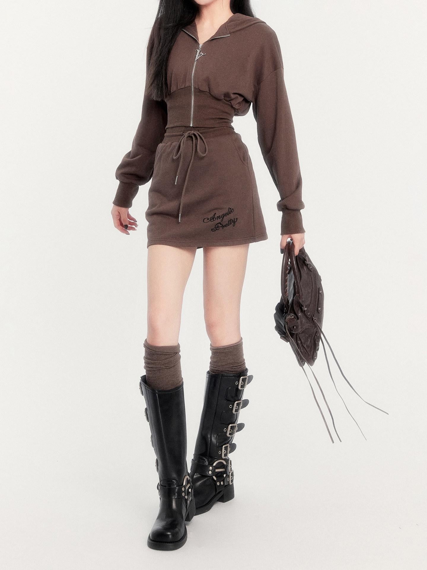 VOCK Embroidered Hooded Sporty High Waist Women's Cotton Blend Matching Skirt Sets