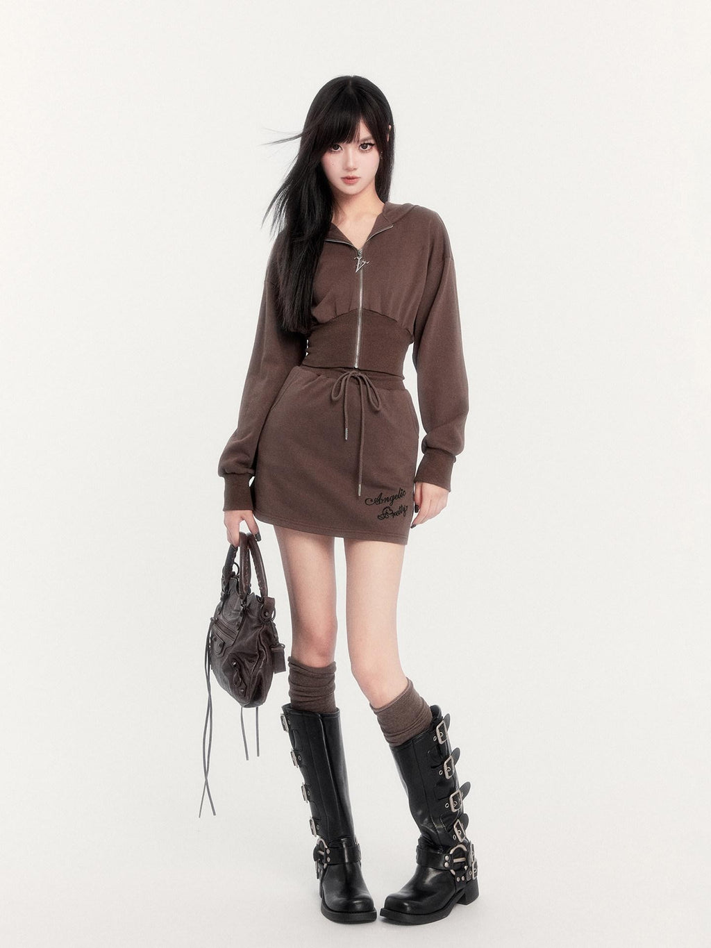 VOCK Embroidered Hooded Sporty High Waist Women's Cotton Blend Matching Skirt Sets
