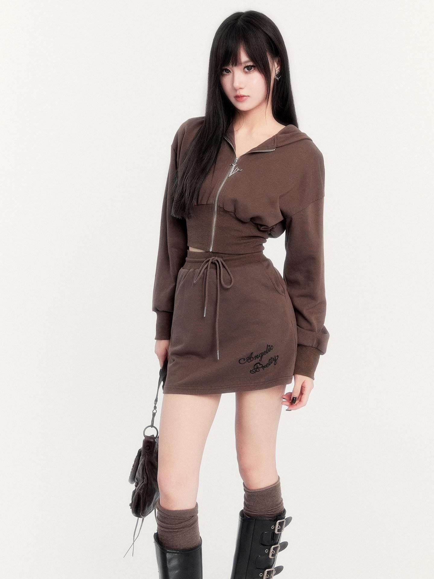 VOCK Embroidered Hooded Sporty High Waist Women's Cotton Blend Matching Skirt Sets