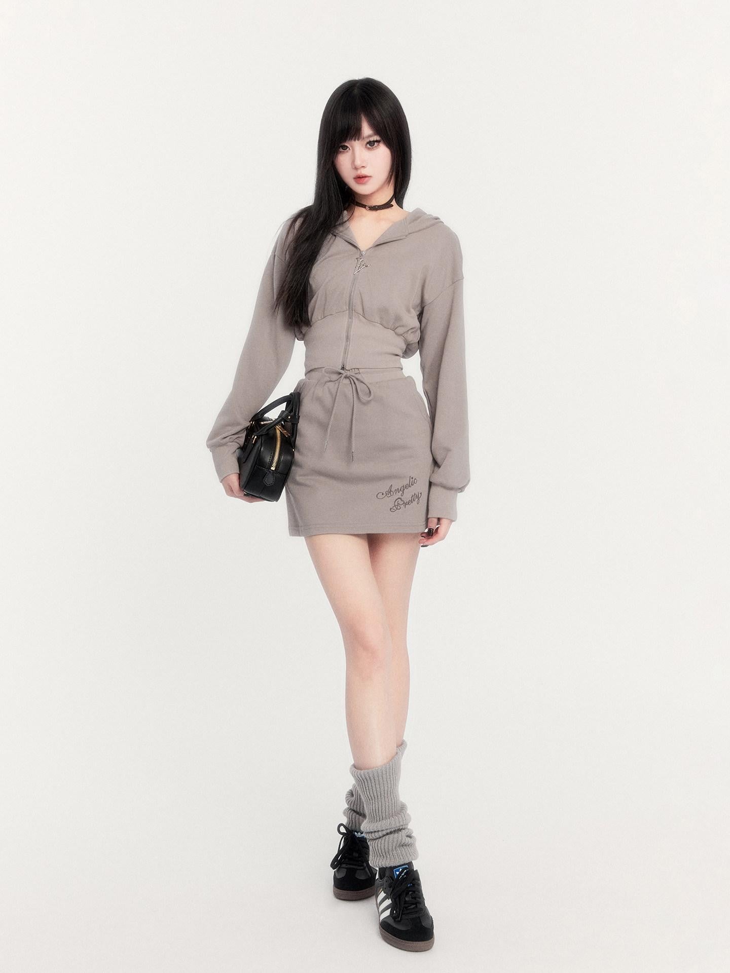 VOCK Embroidered Hooded Sporty High Waist Women's Cotton Blend Matching Skirt Sets