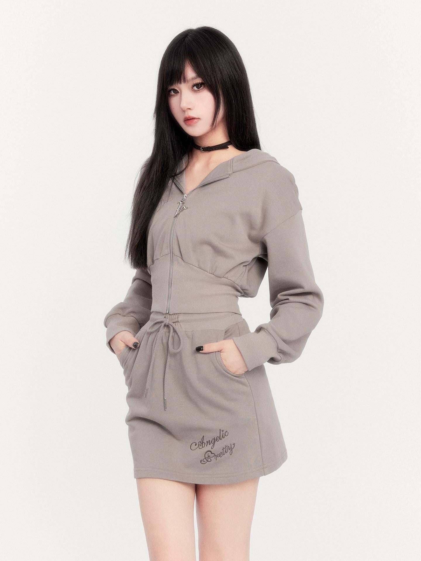 VOCK Embroidered Hooded Sporty High Waist Women's Cotton Blend Matching Skirt Sets