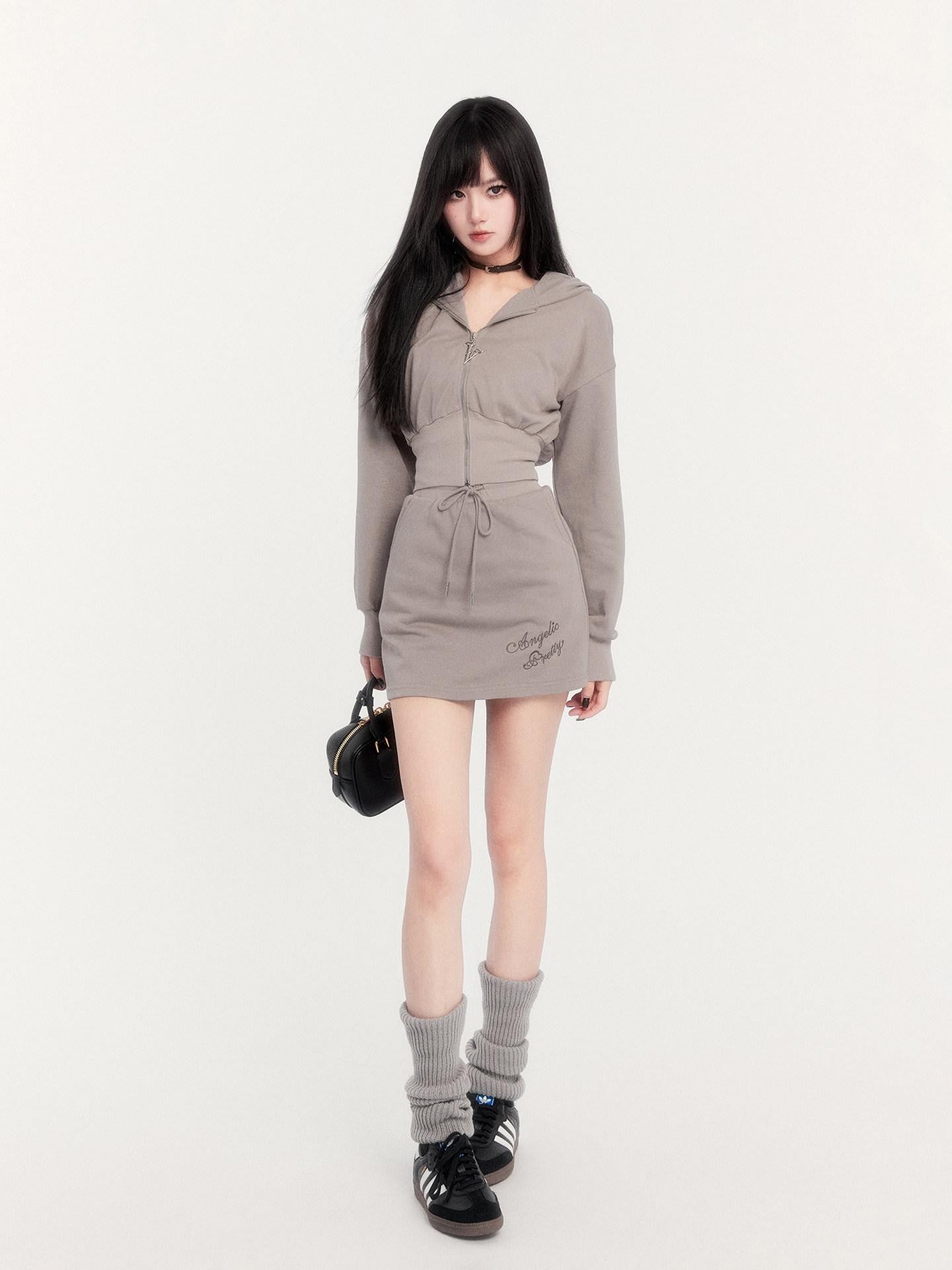 VOCK Embroidered Hooded Sporty High Waist Women's Cotton Blend Matching Skirt Sets