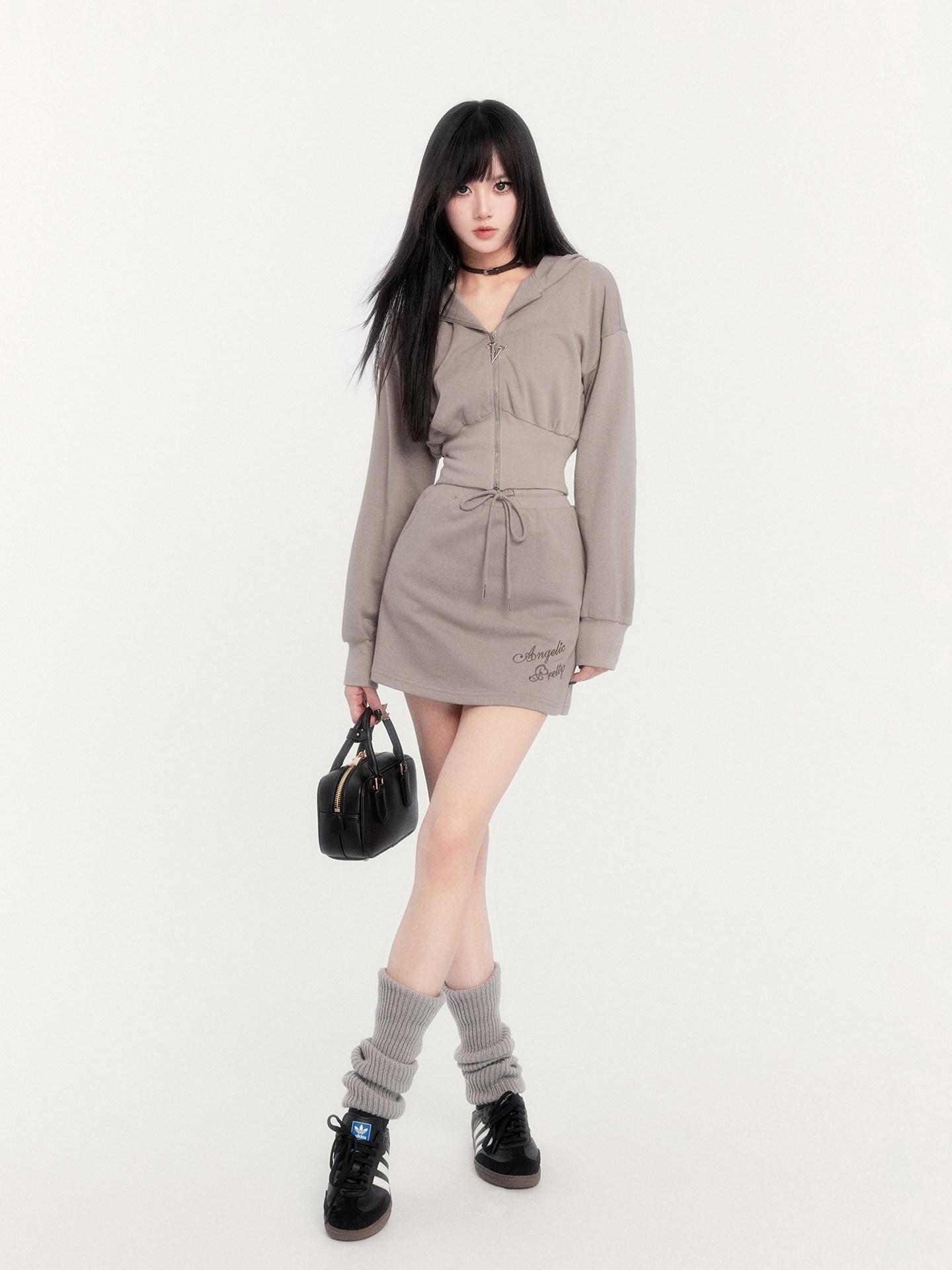 VOCK Embroidered Hooded Sporty High Waist Women's Cotton Blend Matching Skirt Sets