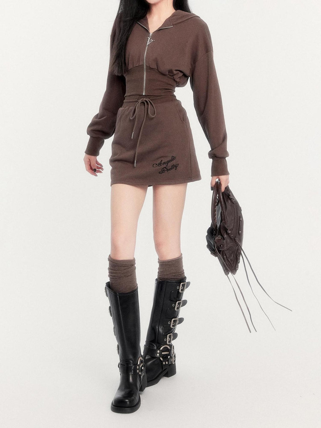 VOCK Embroidered Hooded Sporty High Waist Women's Cotton Blend Matching Skirt Sets
