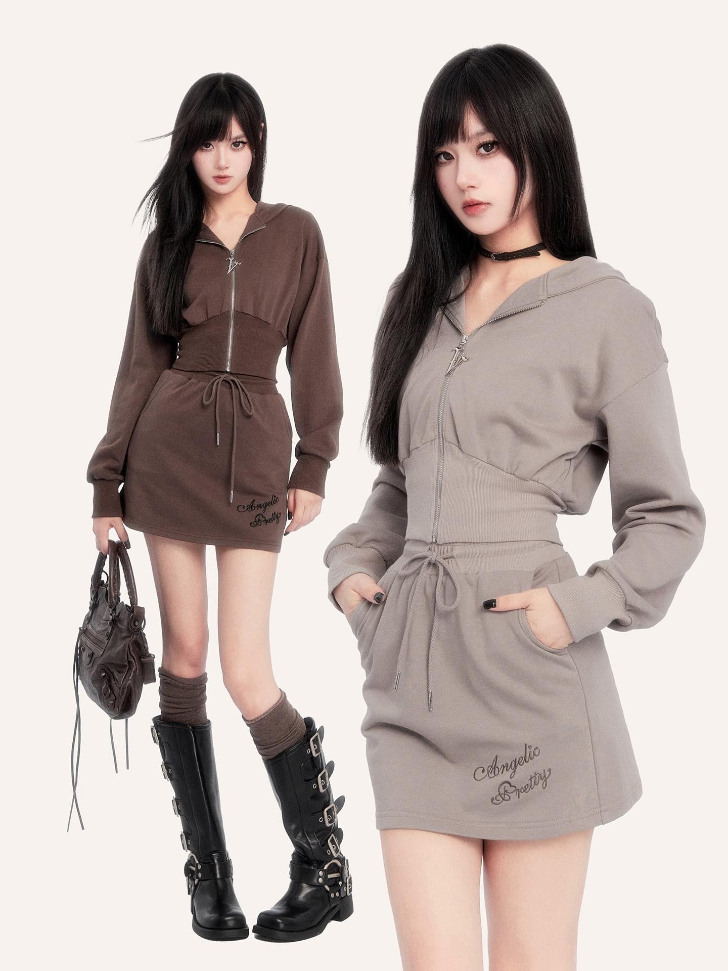 VOCK Embroidered Hooded Sporty High Waist Women's Cotton Blend Matching Skirt Sets