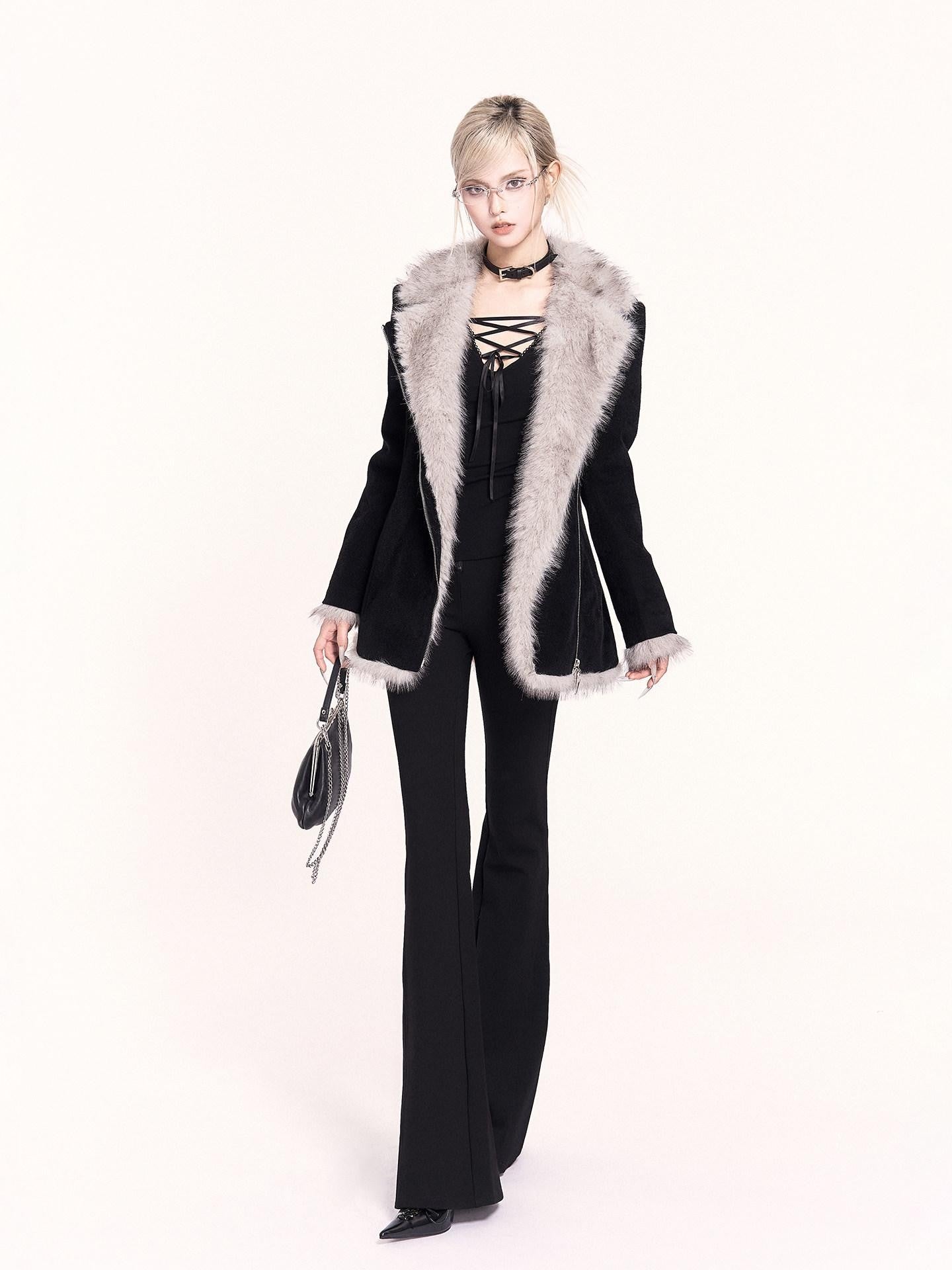 VOCK Faux Fur Collar Cinched Waist Slim Women's Polyester Nylon Blend Moto Jackets