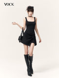 VOCK Faux Two Piece Square Neck Knit A Line Women's Cotton Blend Slip Mini Dresses