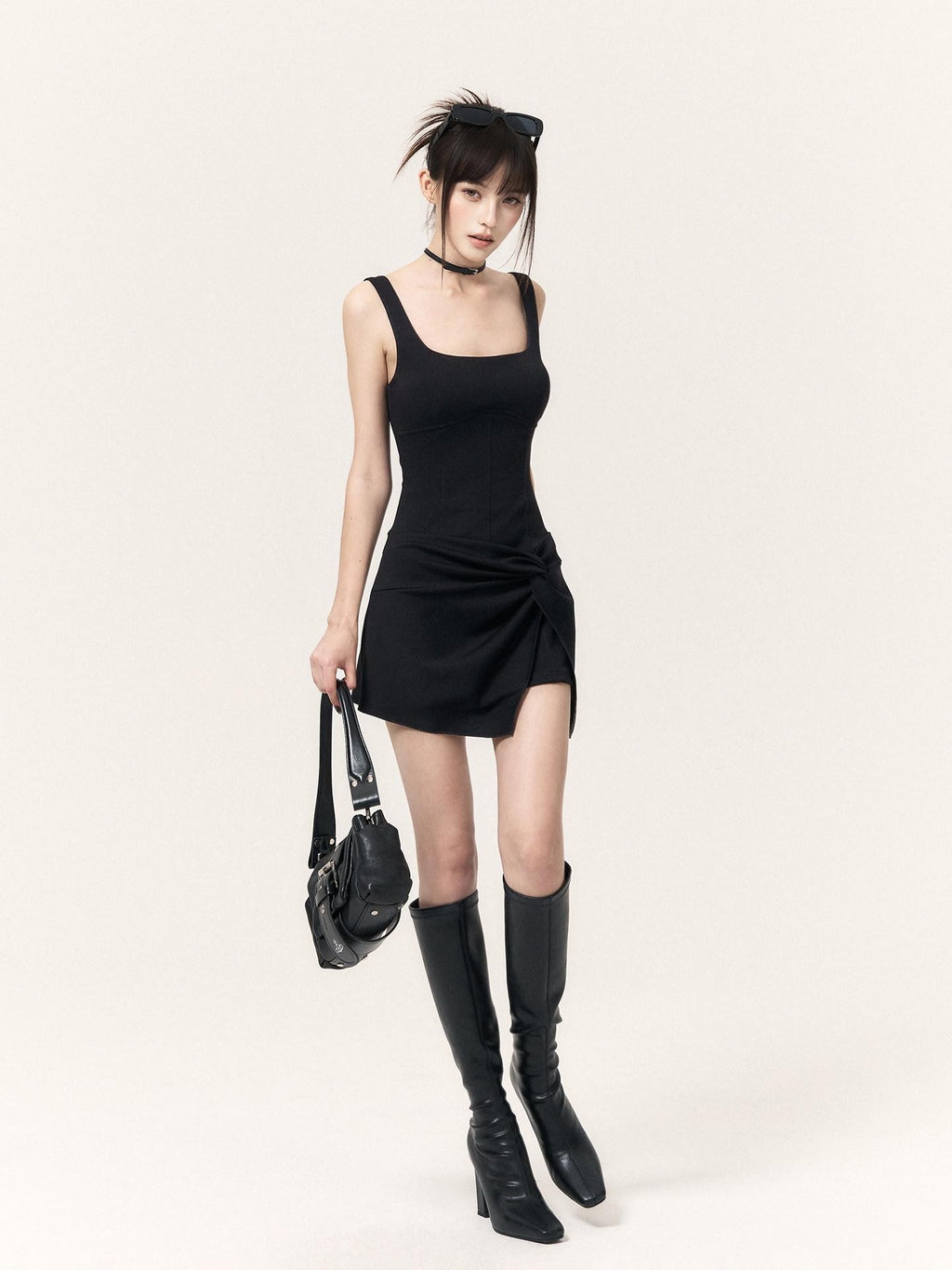 VOCK Faux Two Piece Square Neck Knit A Line Women's Cotton Blend Slip Mini Dresses
