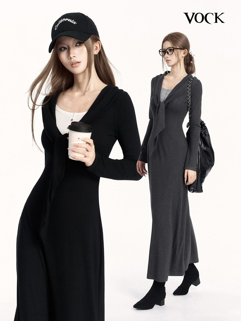 VOCK Faux Two Piece Tie Waist Shawl Collar Knit Women's Cotton Bodycon Maxi Dresses