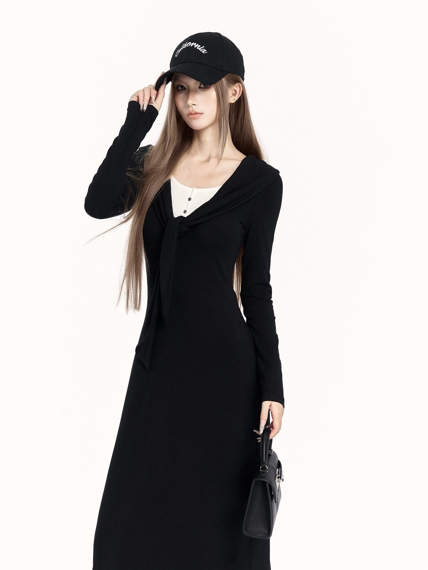 VOCK Faux Two Piece Tie Waist Shawl Collar Knit Women's Cotton Bodycon Maxi Dresses