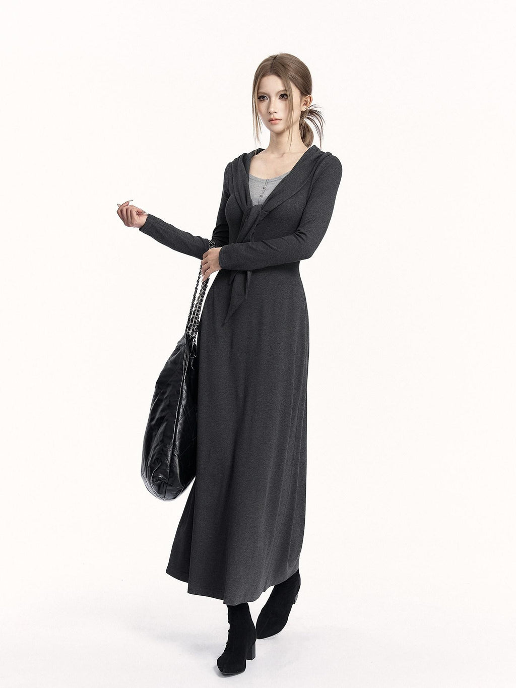 VOCK Faux Two Piece Tie Waist Shawl Collar Knit Women's Cotton Bodycon Maxi Dresses