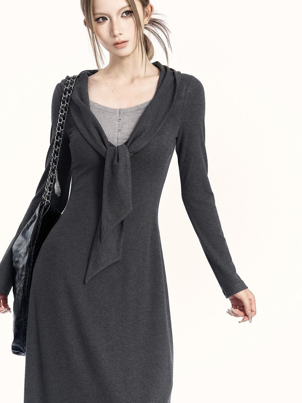 VOCK Faux Two Piece Tie Waist Shawl Collar Knit Women's Cotton Bodycon Maxi Dresses