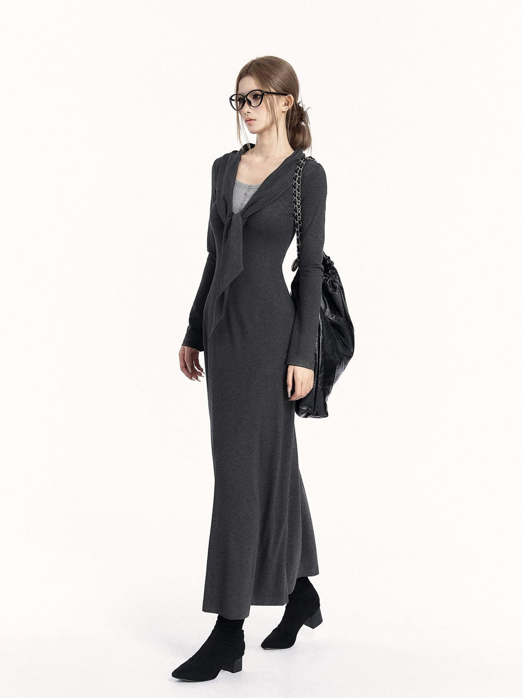 VOCK Faux Two Piece Tie Waist Shawl Collar Knit Women's Cotton Bodycon Maxi Dresses