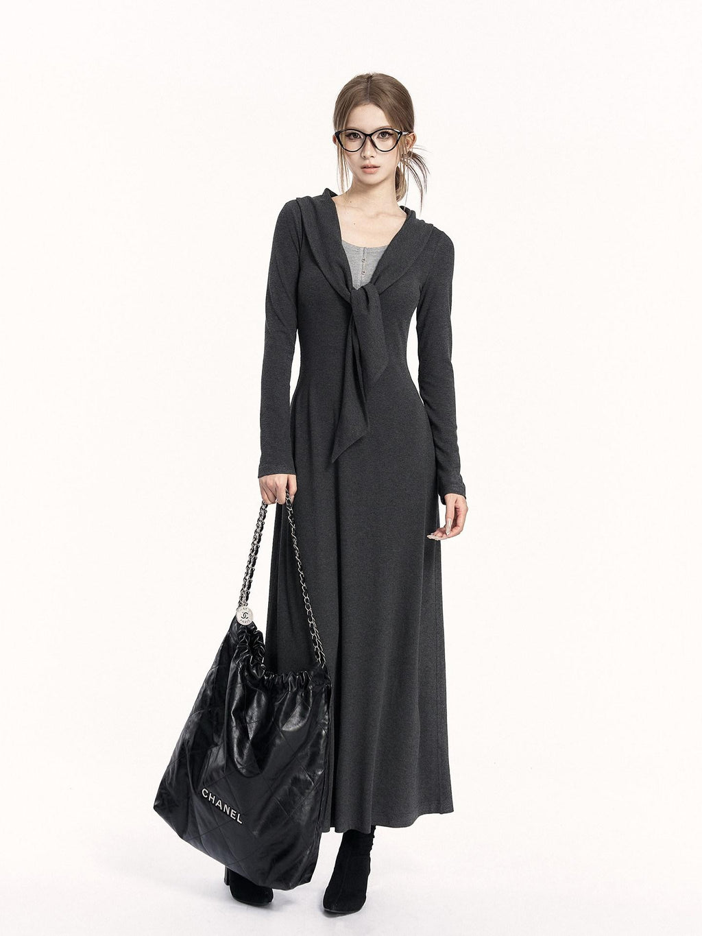 VOCK Faux Two Piece Tie Waist Shawl Collar Knit Women's Cotton Bodycon Maxi Dresses