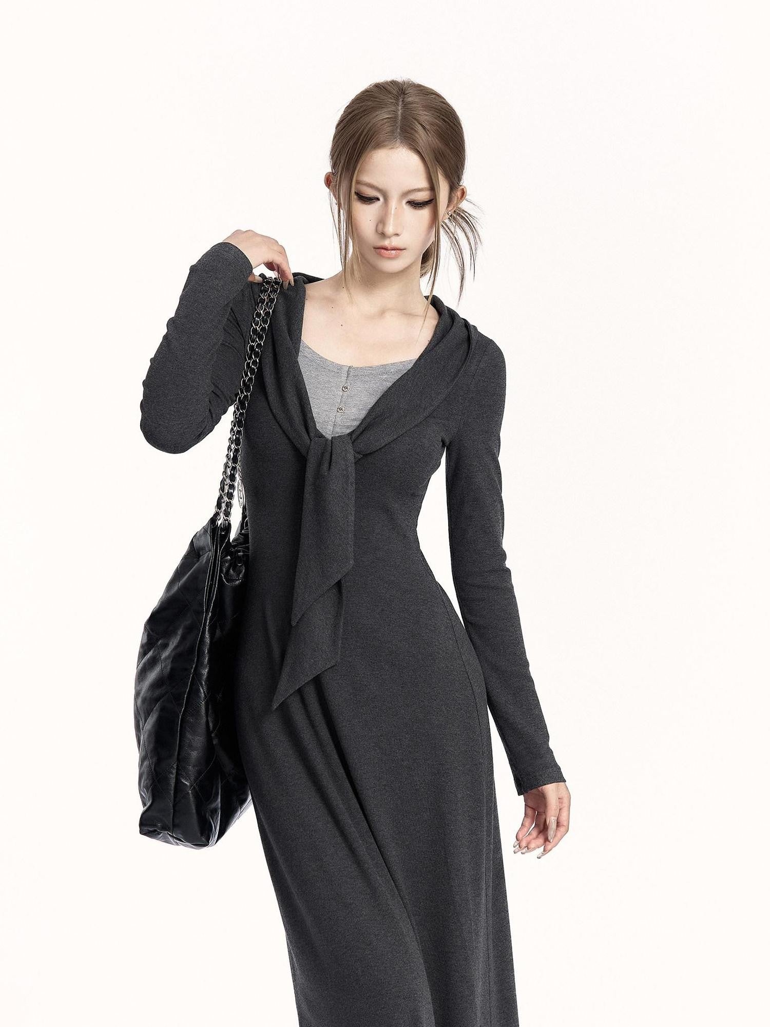 VOCK Faux Two Piece Tie Waist Shawl Collar Knit Women's Cotton Bodycon Maxi Dresses