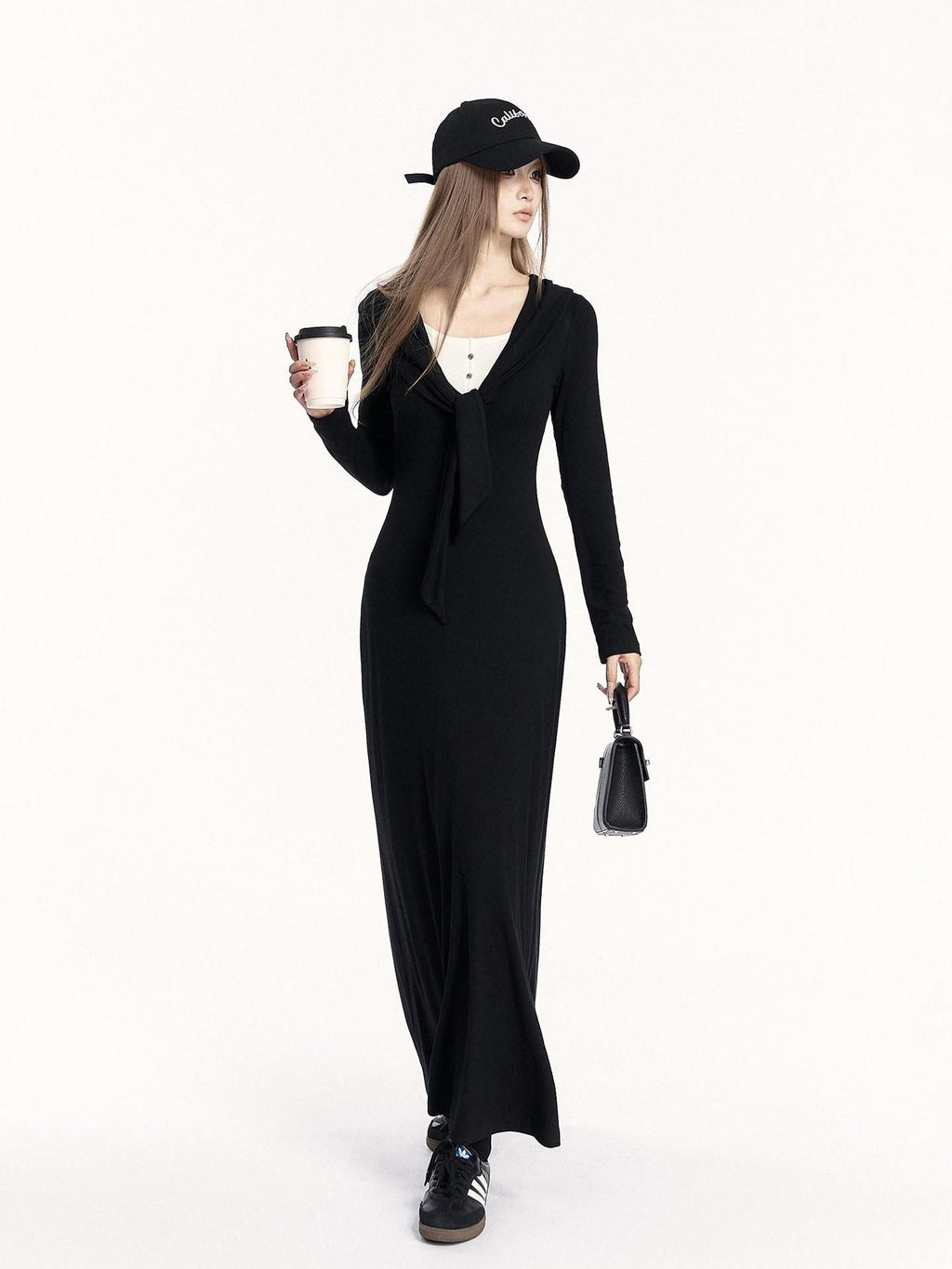 VOCK Faux Two Piece Tie Waist Shawl Collar Knit Women's Cotton Bodycon Maxi Dresses