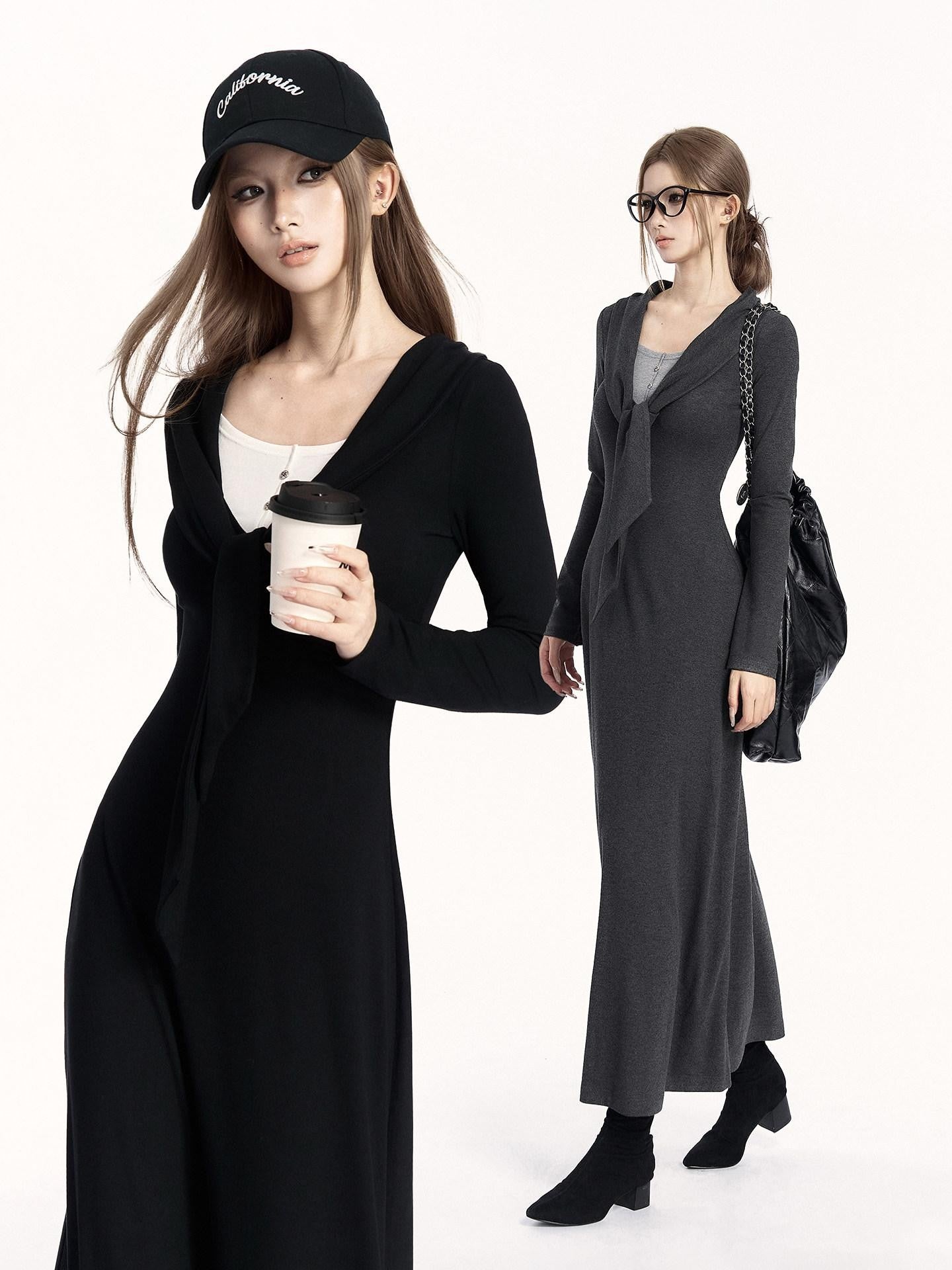 VOCK Faux Two Piece Tie Waist Shawl Collar Knit Women's Cotton Bodycon Maxi Dresses
