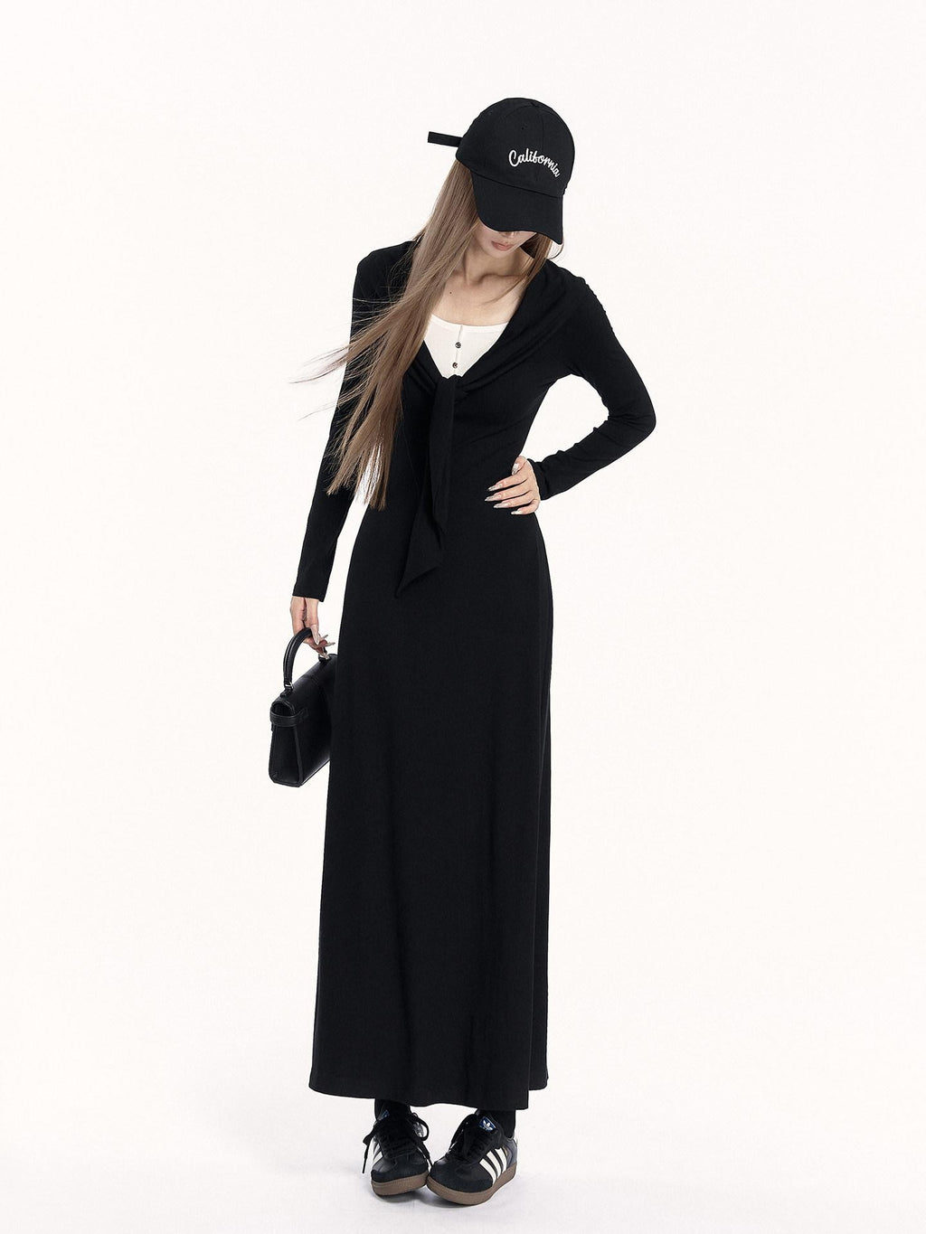 VOCK Faux Two Piece Tie Waist Shawl Collar Knit Women's Cotton Bodycon Maxi Dresses