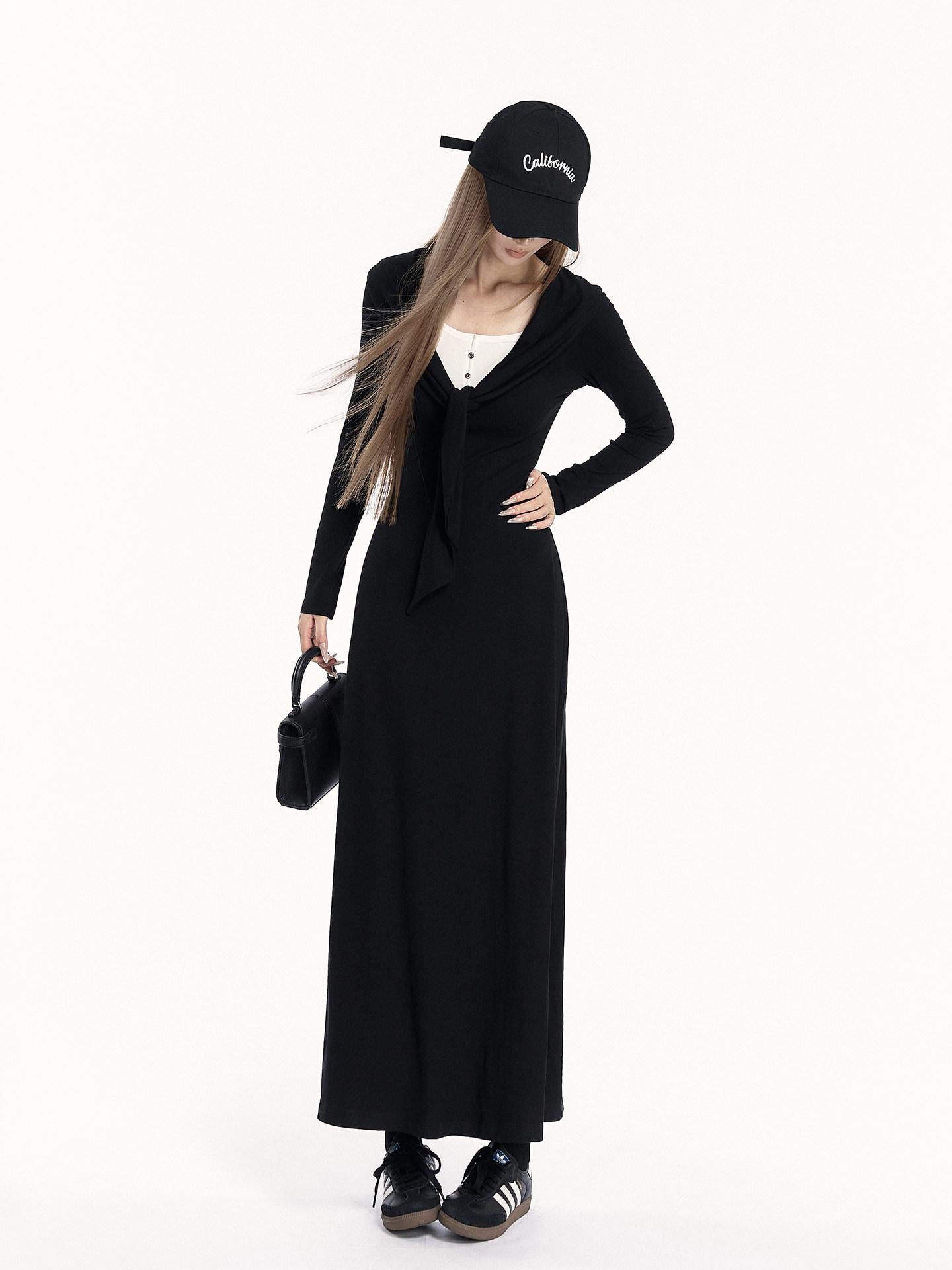 VOCK Faux Two Piece Tie Waist Shawl Collar Knit Women's Cotton Bodycon Maxi Dresses