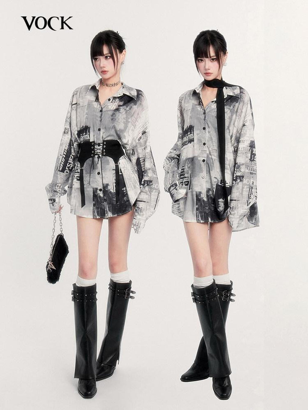 VOCK Film Filter Printed Lapel Buttoned Silk Scarf Women's Polyester Oversized Shirts
