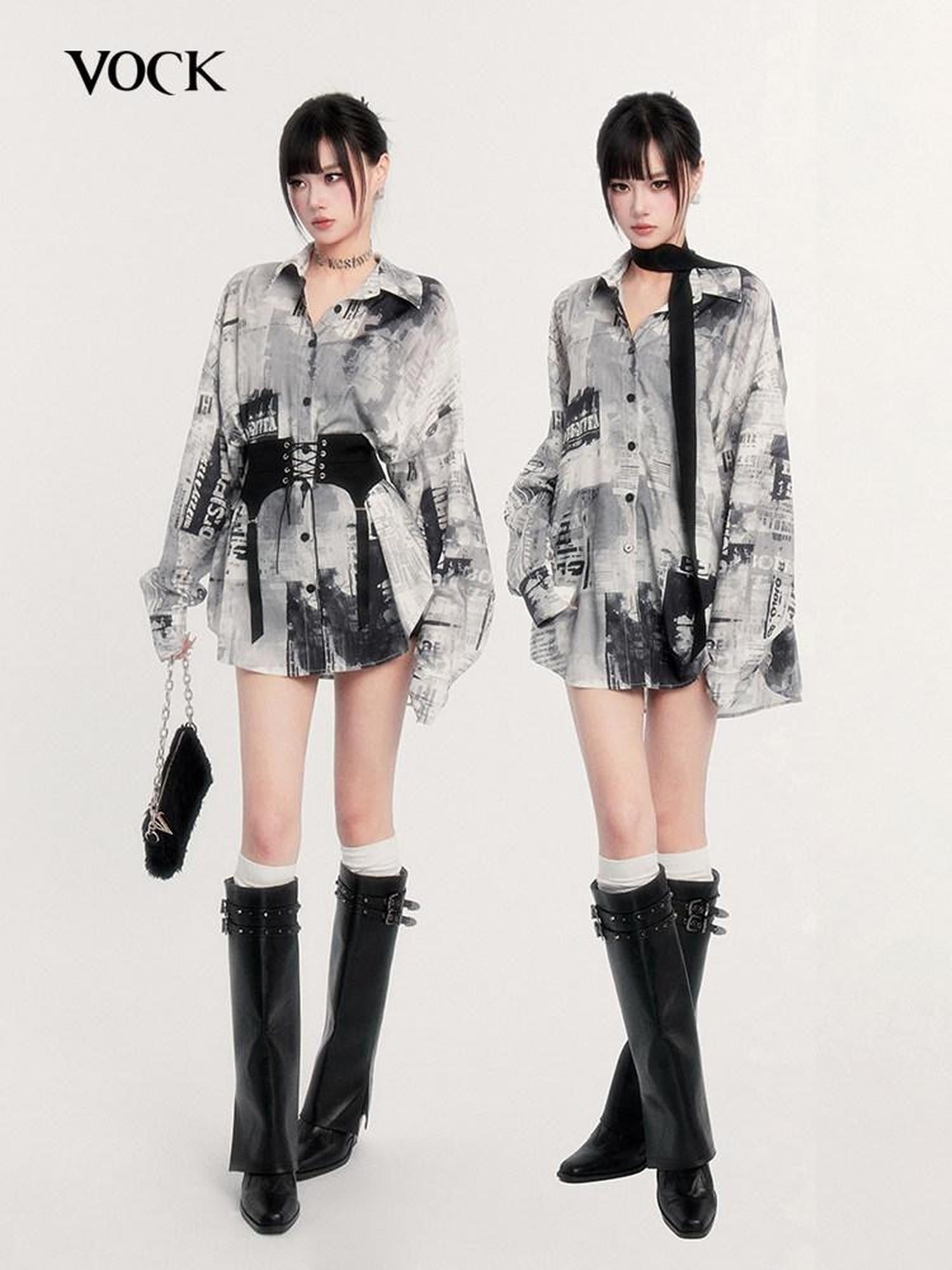 VOCK Film Filter Printed Lapel Buttoned Silk Scarf Women's Polyester Oversized Shirts