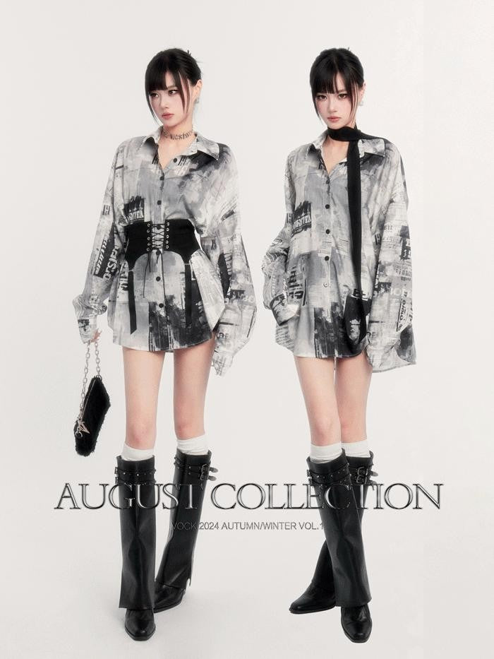VOCK Film Filter Printed Lapel Buttoned Silk Scarf Women's Polyester Oversized Shirts