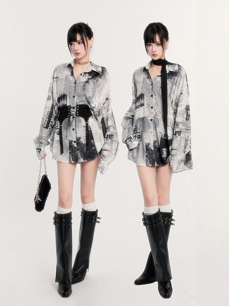 VOCK Film Filter Printed Lapel Buttoned Silk Scarf Women's Polyester Oversized Shirts