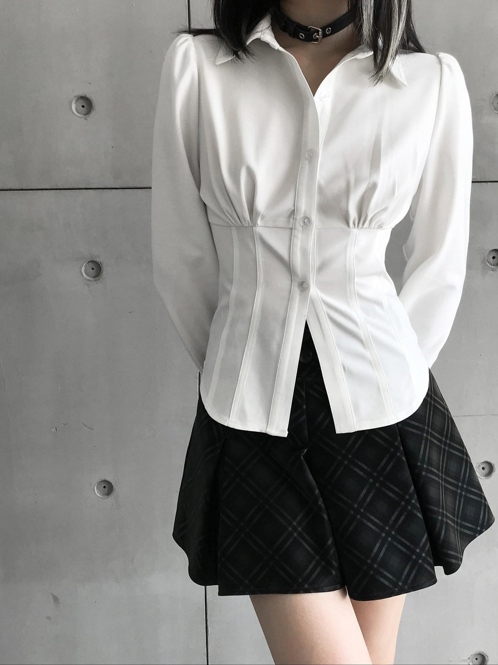 VOCK Fitted Waist Button Front Turn Down Collar Women's Cotton Blend Shirts