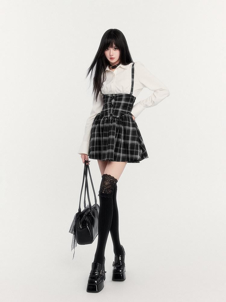 VOCK Fitted Waist Button Front Turn Down Collar Women's Cotton Blend Shirts
