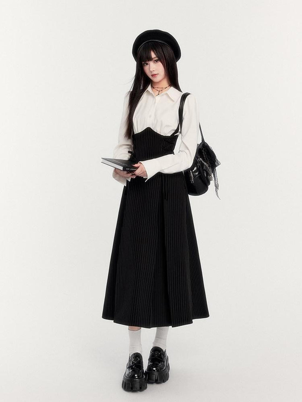 VOCK Fitted Waist Button Front Turn Down Collar Women's Cotton Blend Shirts