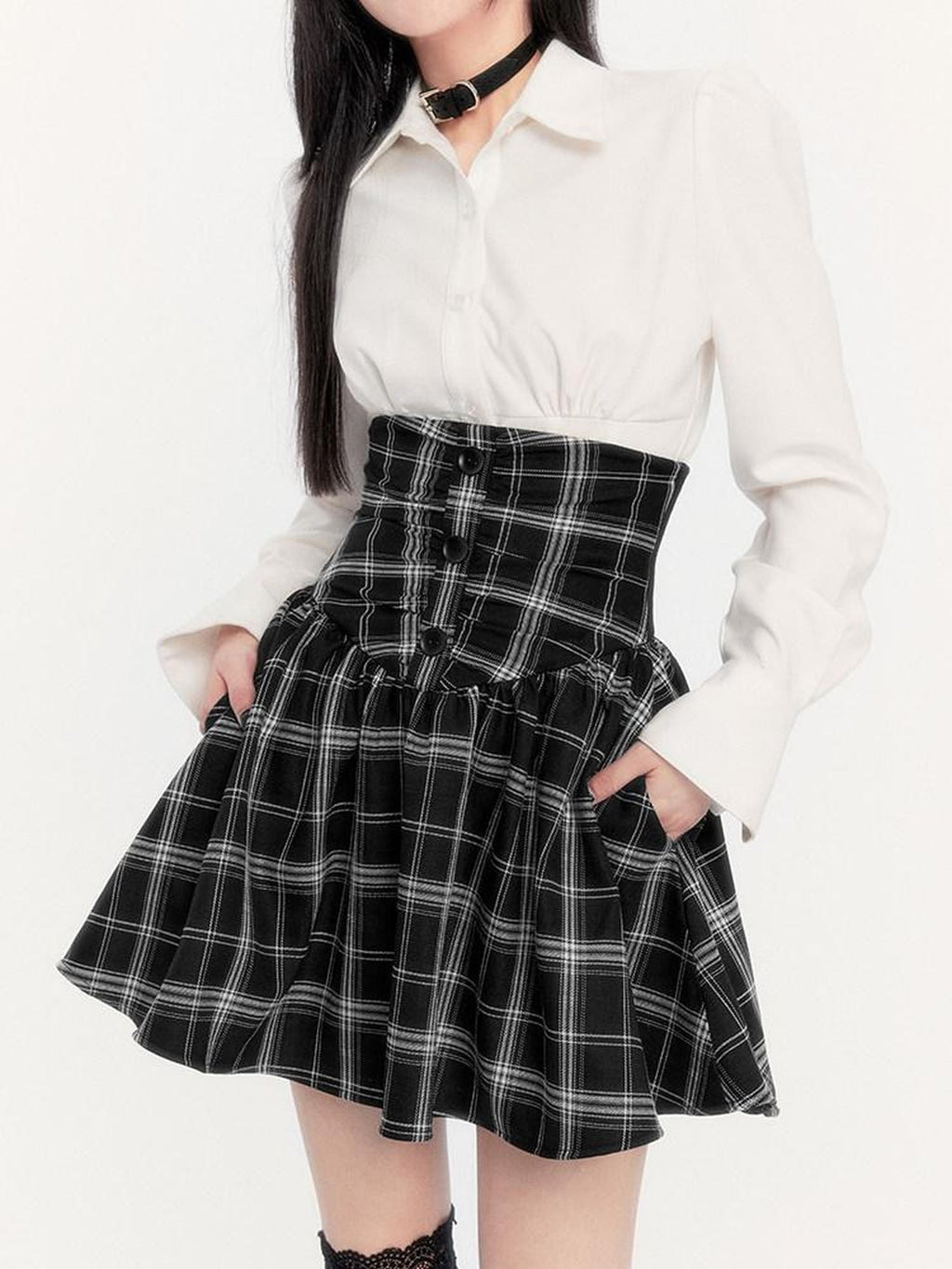 VOCK Fitted Waist Button Front Turn Down Collar Women's Cotton Blend Shirts