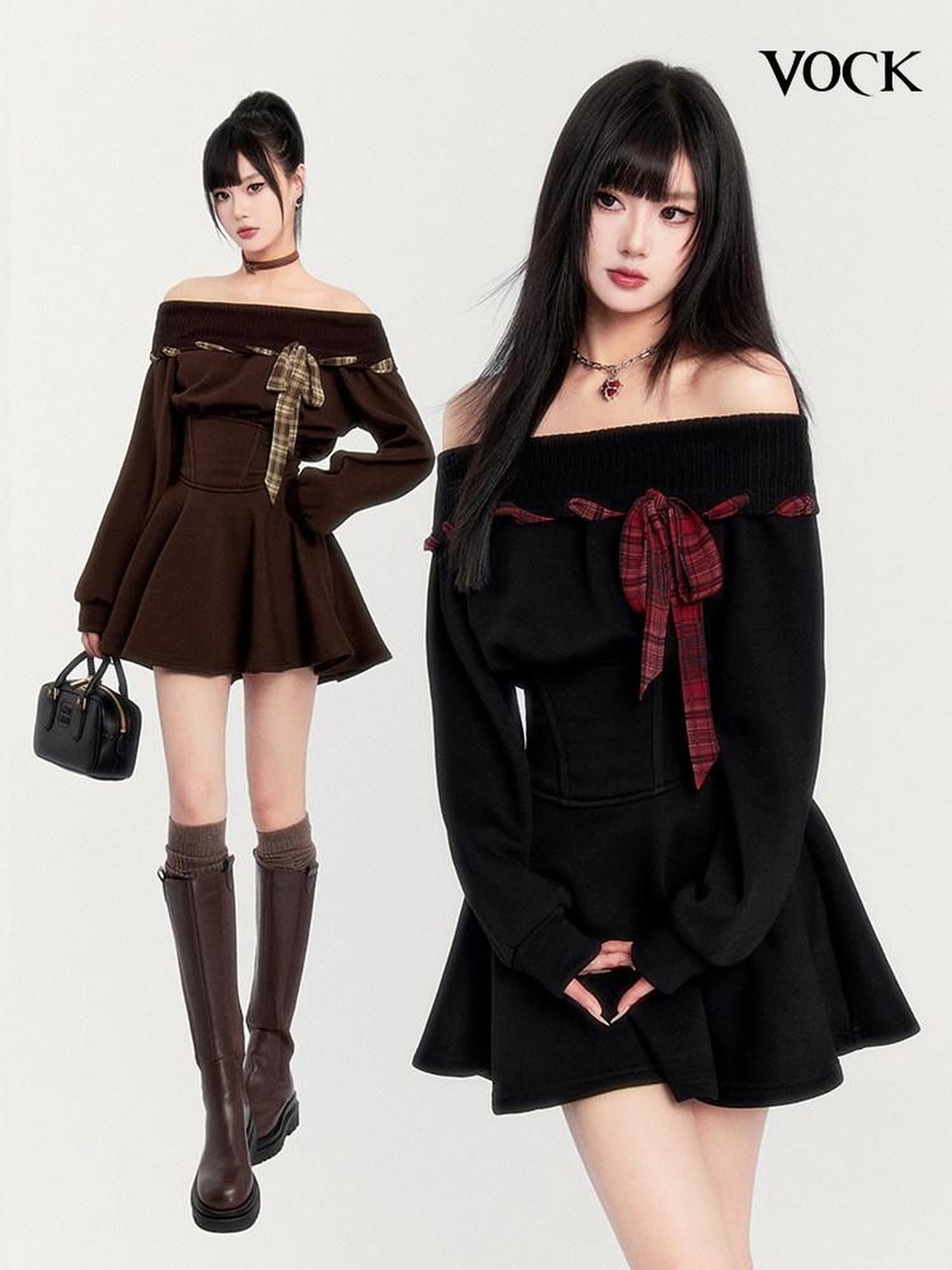 VOCK Fleece Tie Waist A Line Puff Women's Polyester Off-shoulder Mini Dresses