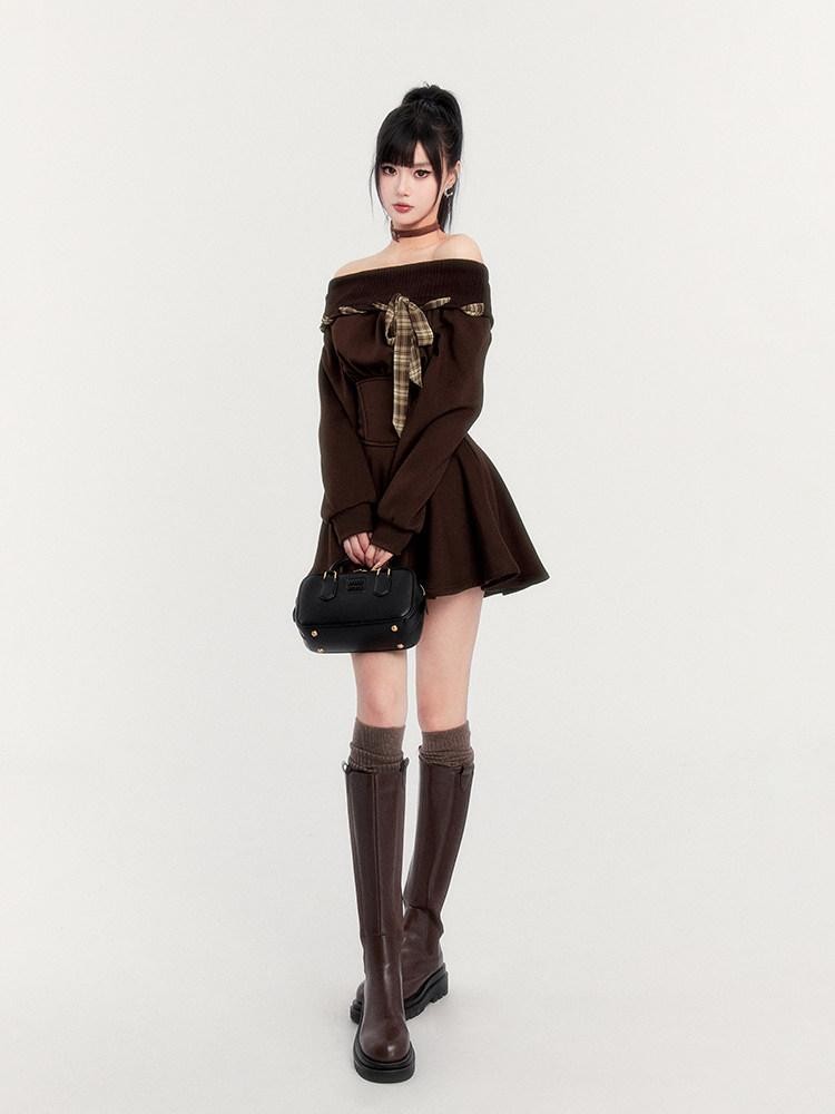 VOCK Fleece Tie Waist A Line Puff Women's Polyester Off-shoulder Mini Dresses
