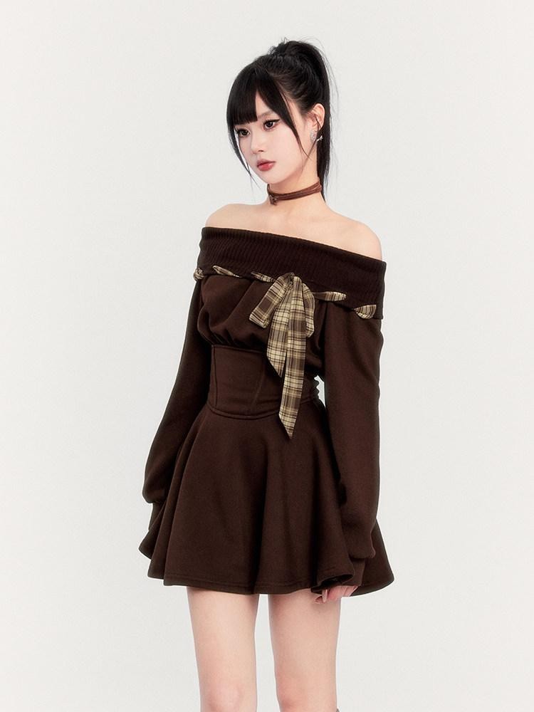VOCK Fleece Tie Waist A Line Puff Women's Polyester Off-shoulder Mini Dresses