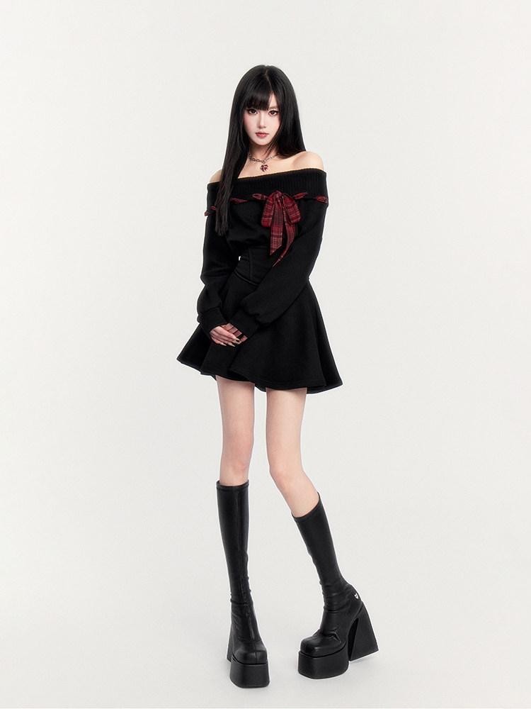 VOCK Fleece Tie Waist A Line Puff Women's Polyester Off-shoulder Mini Dresses