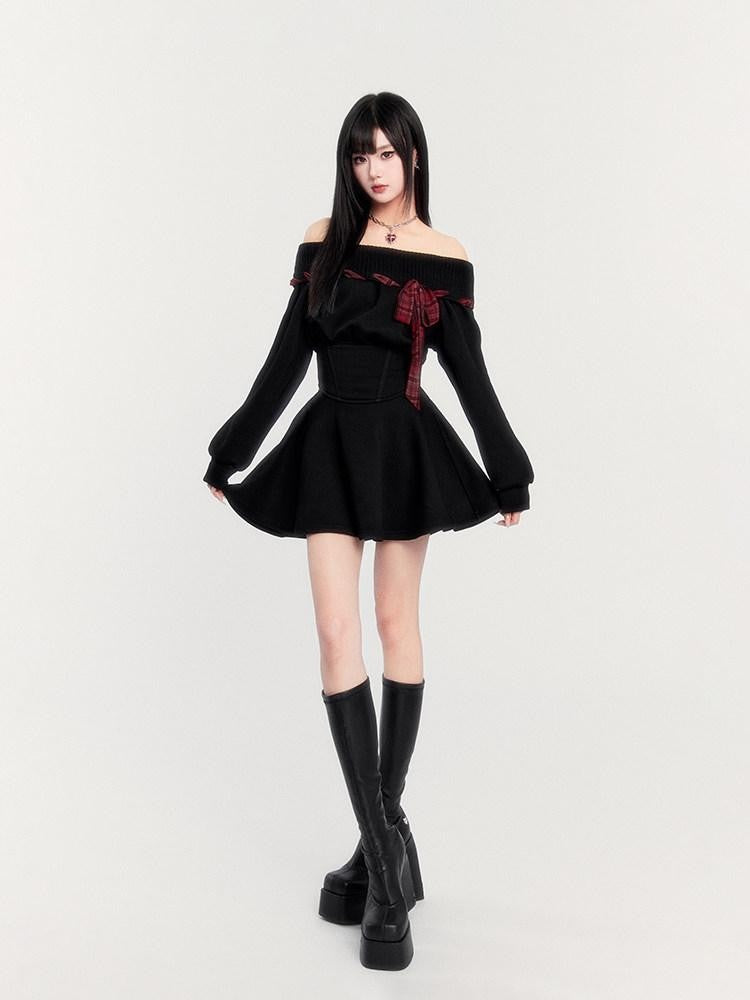 VOCK Fleece Tie Waist A Line Puff Women's Polyester Off-shoulder Mini Dresses