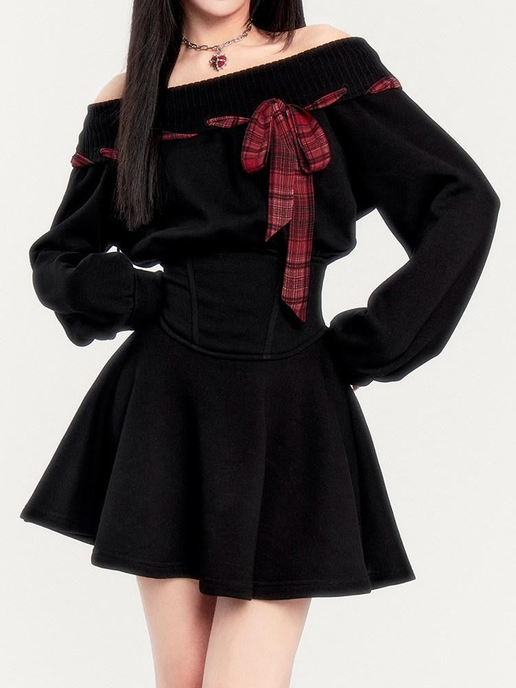 VOCK Fleece Tie Waist A Line Puff Women's Polyester Off-shoulder Mini Dresses