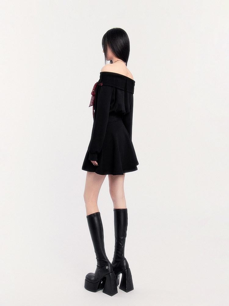 VOCK Fleece Tie Waist A Line Puff Women's Polyester Off-shoulder Mini Dresses