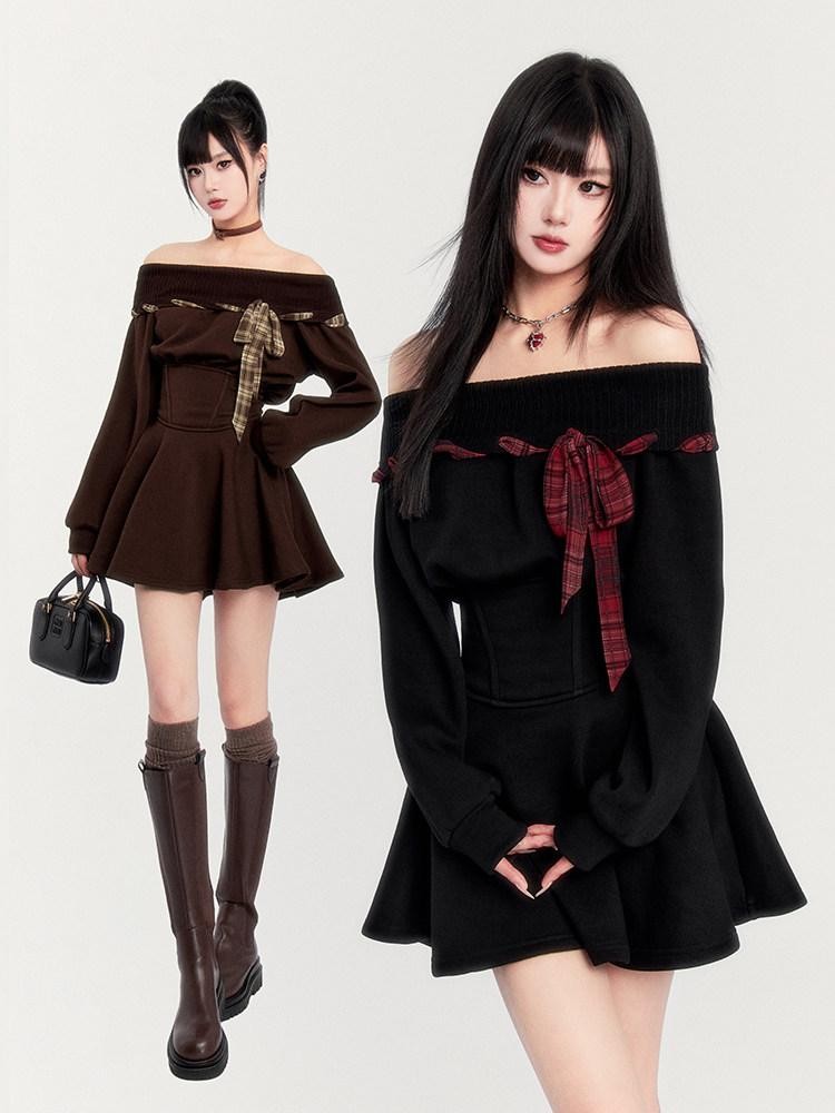 VOCK Fleece Tie Waist A Line Puff Women's Polyester Off-shoulder Mini Dresses