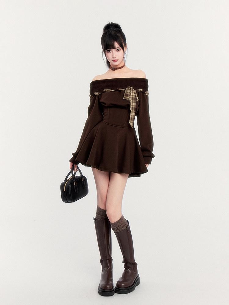 VOCK Fleece Tie Waist A Line Puff Women's Polyester Off-shoulder Mini Dresses