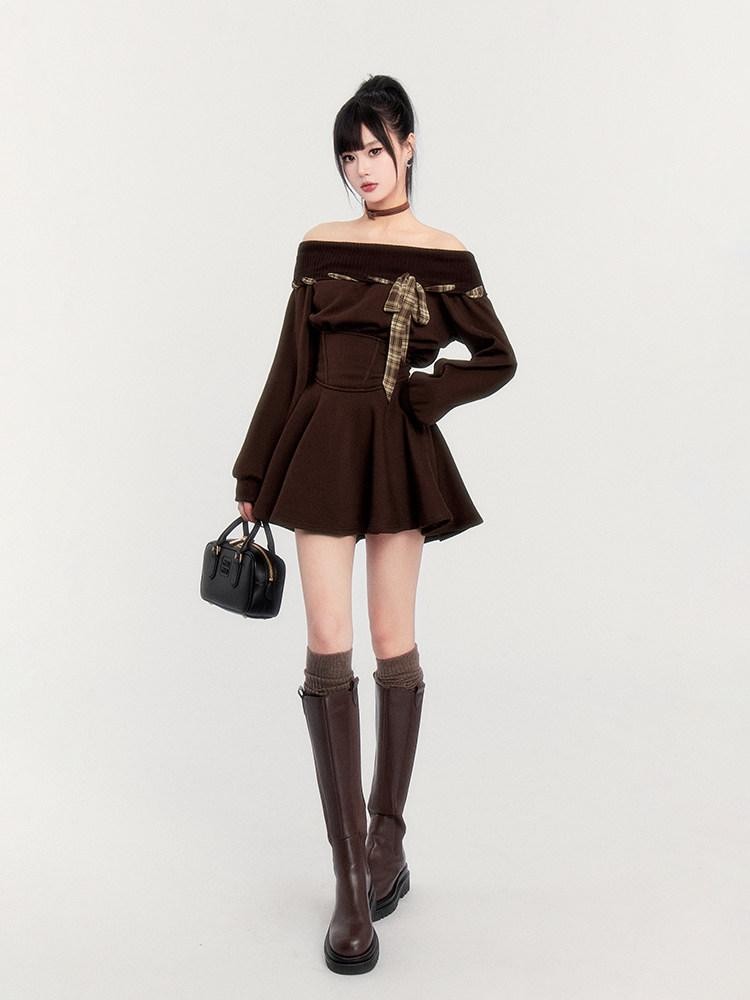 VOCK Fleece Tie Waist A Line Puff Women's Polyester Off-shoulder Mini Dresses